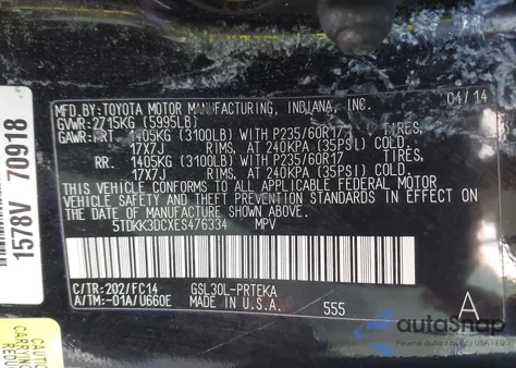 2014 Toyota Sienna Le V6 8 Passenger из США, поврежденный, VIN 5TDKK3DCXES476334